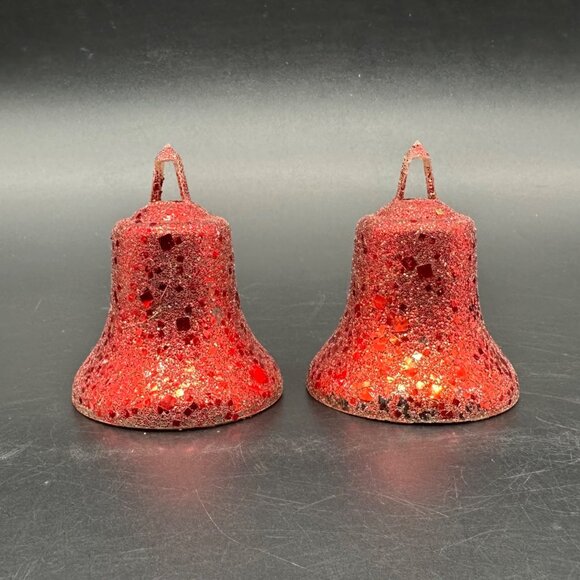 Vintage Christmas Ornaments Plastic Bell Set Of 2 Red Glitter Mid Century Modern - Picture 2 of 8